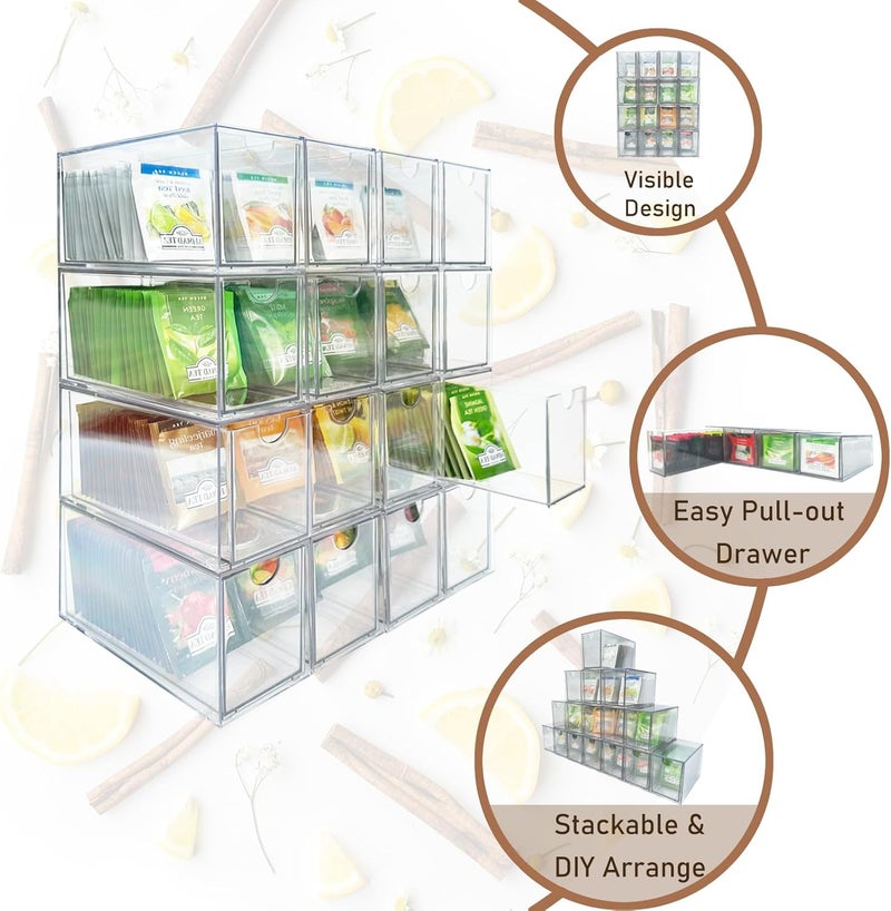 AZEZO 16-Pack Tea Bag Drawers Organizer - 16 Clear Plastic Drawer Tea Bag Holder; Stackable & Portable; Wider Size; Well-Organized Storage for Tea Bags & Kitchen Essentials；High Volume - Image 4